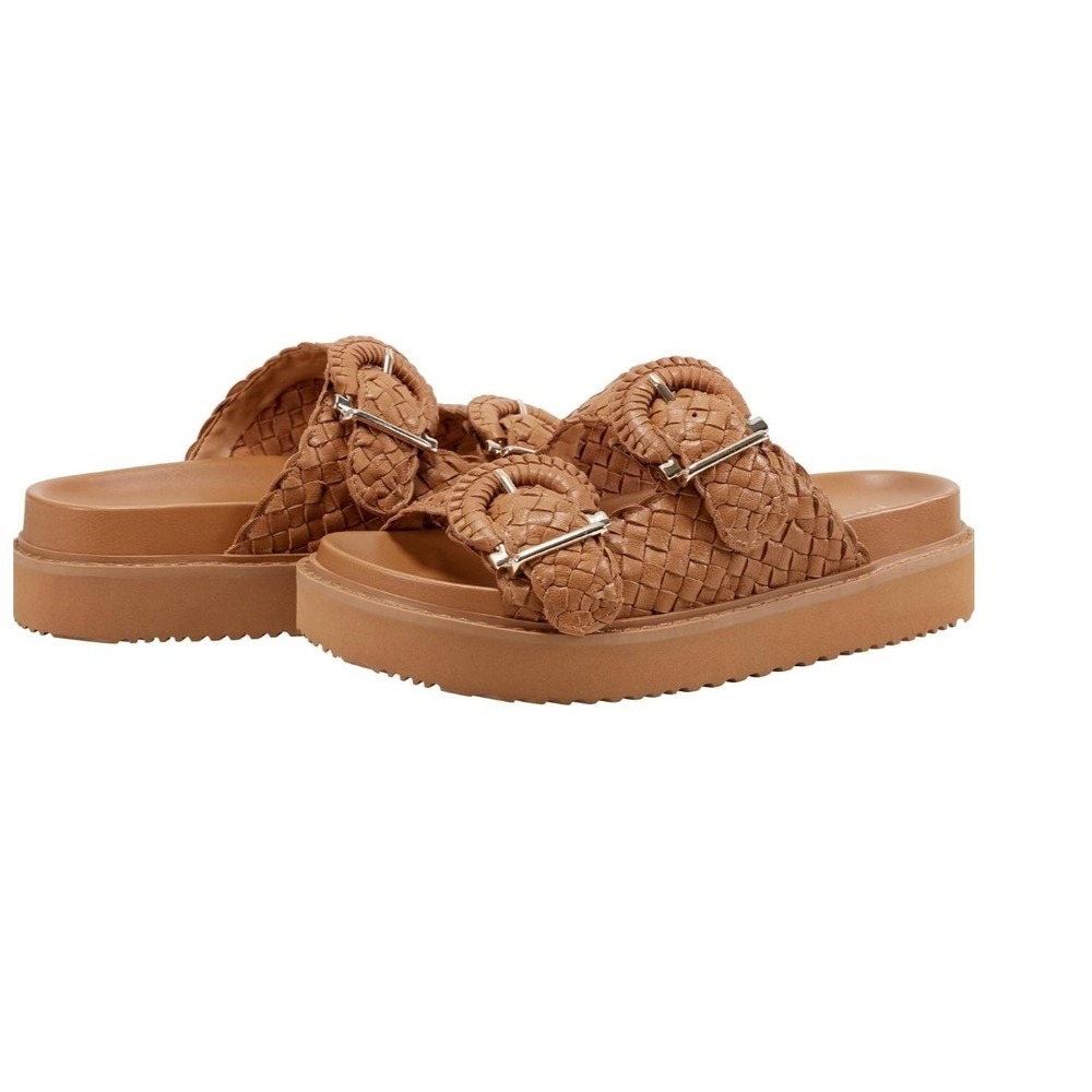 Marc Fisher LTD Slide Sandals Womens 6M Tan Woven Leather Platform Buckle